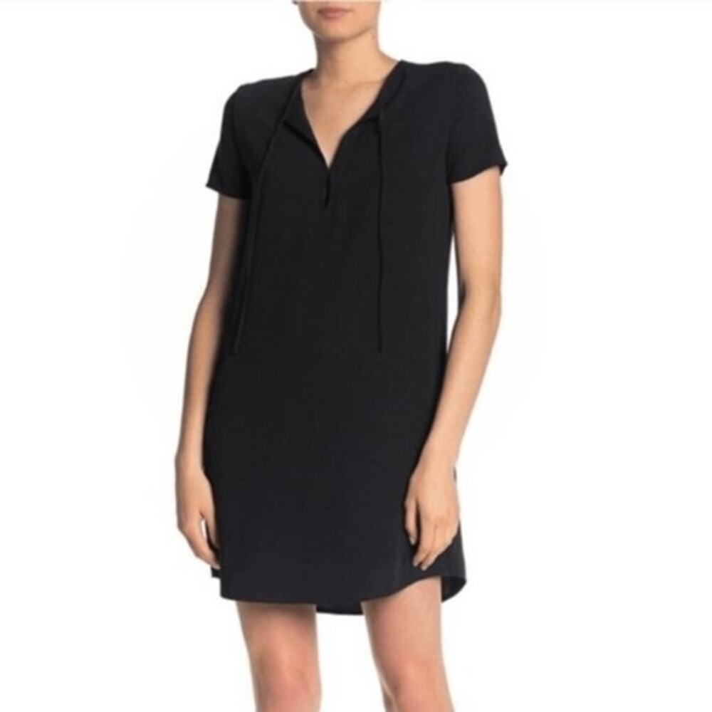 Theory Antanzie Shift Dress Linen Blend Crepe Fabric Notched Neckline Black Sz 4